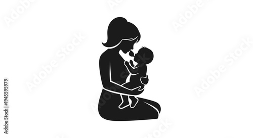 Mother Holding Baby Closeup Silhouette Illustration.