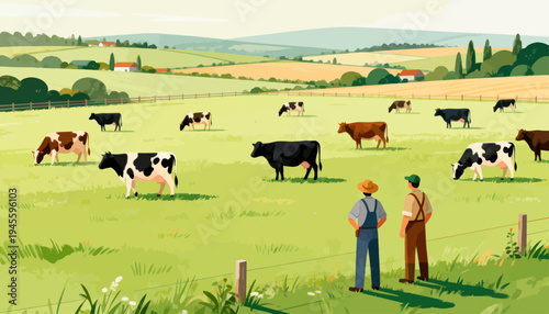 Two farmers stand beside a fence, watching cows graze. Cows walk or stand in a green field. Sunlight bathes the rolling countryside. Trees and distant houses complete the rural scene