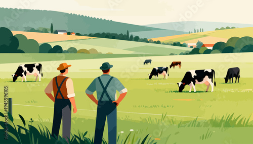 Two farmers stand in a vast green pasture. Cows graze peacefully nearby. Soft hills roll into the distance. Warm sunlight bathes the entire scene. Farmers look content, relaxed, and observant