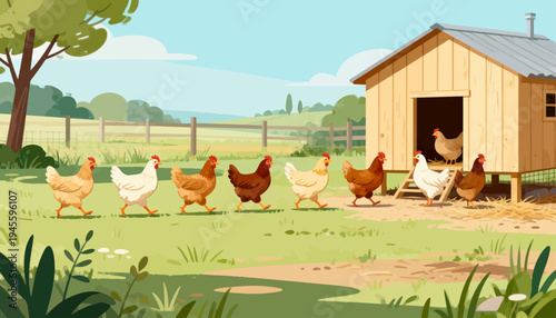 Chickens stroll past a wooden chicken coop. Sunlight glows over green fields and trees. Animals move calmly, no signs of stress or fear. Coop door open, straw inside, birds gather near