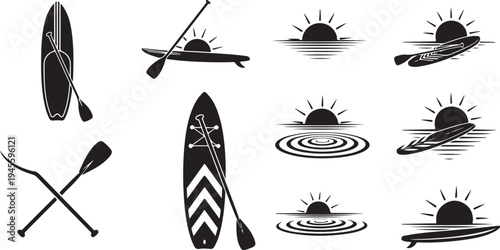 Black and white stand up paddleboard icon set collection
