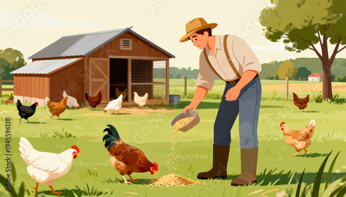 Farmer feeds chickens in sunny, peaceful countryside. Chickens roam freely near wooden barn and trees. Farmer wears hat and boots, scattering grain with care. Animals look happy, curious