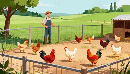 Farmer stands beside fenced chicken coop. Roosters and hens roam freely in sunlit yard. Gentle green fields stretch beyond the fence. Man wears hat and overalls, observing birds