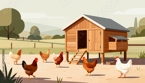 Pastel skies frame a rustic chicken coop. Chickens roam freely near a wooden shelter. White chicken walks beside a red-feathered one. Brown and black hens forage on sunlit soil