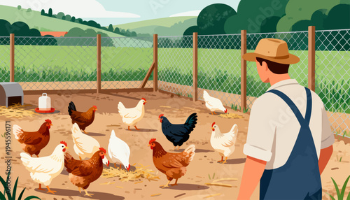 Farmer watches chickens roam free in fenced yard. Chickens wander near scattered feed and water. Bright colors reflect calm, sunny countryside day. Man wears hat and overalls, standing patiently