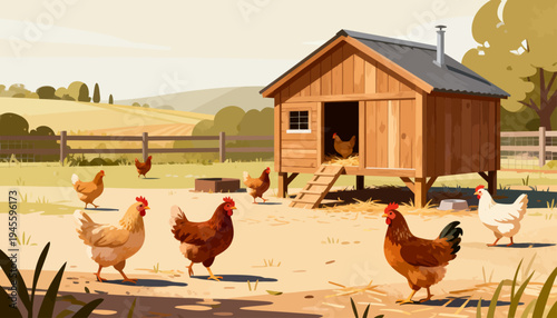 Cozy chicken coop stands on sunny farmyard. Chickens roam freely near wooden shelter. Bright hues reflect peaceful countryside day. Scattered grass and distant hills complete view