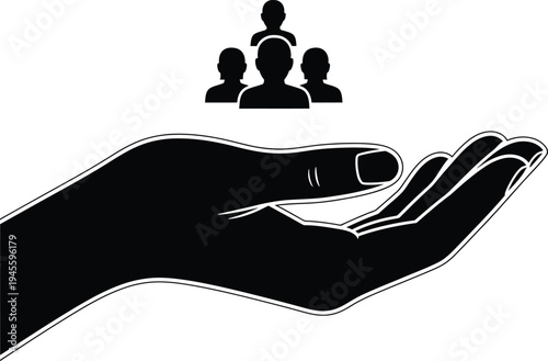 A hand cradling a group of people in a protective and supportive manner symbolizing care and guidance