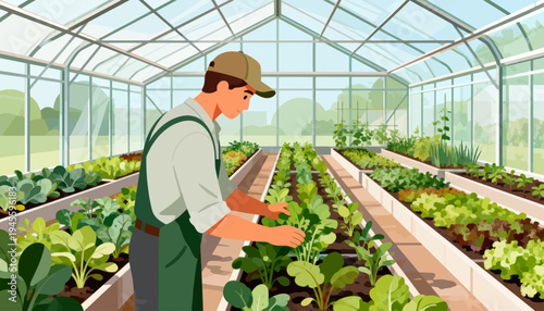 Farmer tends plants in bright greenhouse. He wears cap and overalls. Rows of leafy greens fill the space. Natural light filters through glass panels. He focuses gently on his work