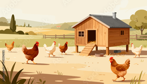 Sunlit farm with chickens roaming freely. Cozy wooden coop stands near a fence. Green hills and trees frame the background. Chickens stroll across golden grassy fields