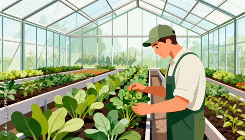 Man tends plants inside a bright greenhouse. He wears a cap and overalls, focused on his work. Rows of leafy greens fill the glass-walled space. Natural light streams through the panes overhead