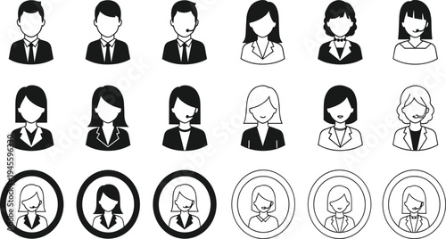Business professional and customer service representative icons, male and female figures with headsets, vector silhouettes for corporate, communication, support, and office themes