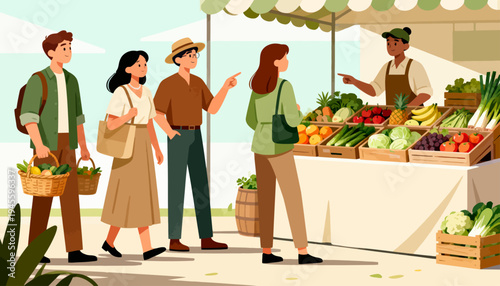 Vibrant market scene with shoppers and vendor. People smile, engage, and browse fresh produce. Vendor gestures, showing colorful fruits and veggies. Cartons hold leafy greens, tomatoes, and bananas
