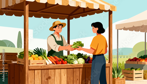 Farmer smiles warmly as customer receives fresh greens. Wooden stall displays colorful vegetables under striped awning. Customer stands attentively, receiving produce with gratitude