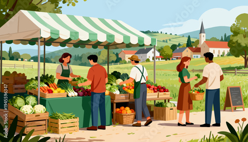 Vibrant market scene under striped canopy. Farmers sell fresh produce near wooden crates. Customers browse vegetables, fruits, and greens. Smiling figures exchange goods, creating warm atmosphere