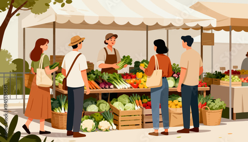 Vibrant market scene with shoppers and vendors. People browse fresh produce under a striped canopy. Colors pop from carrots, apples, and leafy greens. Warm tones suggest a joyful, bustling atmosphere