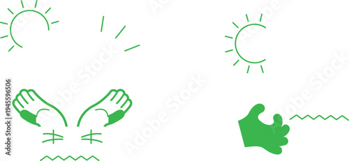 Hand gestures and weather symbols in a simple green illustration style