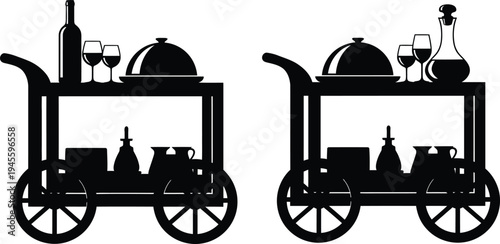 Silhouette of two bar carts with wine and glasses on a white background