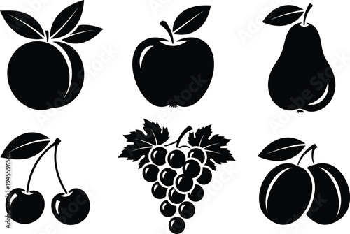 A collection of six black and white fruit icons including mango apple pear cherries grapes and plums