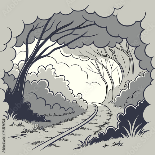 Black and white illustration of a winding road through trees and bushes under a cloudy sky