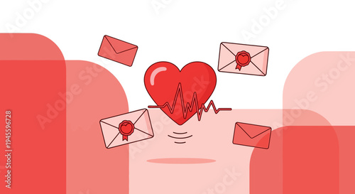 Red Heart with ECG Line and Envelopes - Health Communication Concept