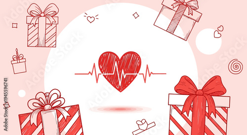 Red Heart with ECG Line and Gift Boxes, Valentine's Day, Love Concept
