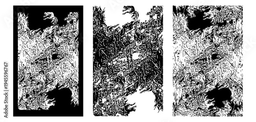 Black abstract grunge texture featuring chaotic ink strokes and expressive brush patterns. This modern  artwork creates a dramatic and artistic background ideal for graphic design projects