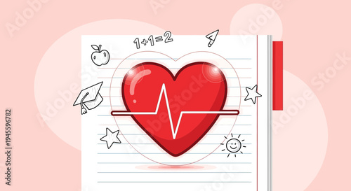 Red Heart with ECG Line, Doodle Elements, Education and Health Concept