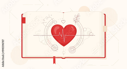 Red Heart with ECG Line Inside Open Book, Health Science Concept