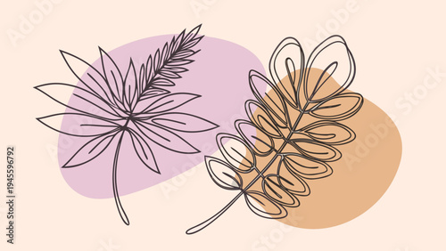 Minimalist line art of flowers and leaves on a pastel background with abstract shapes