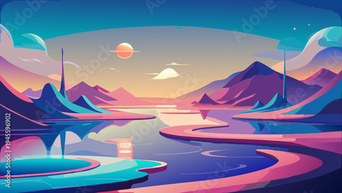 Vibrant futuristic landscape with mountains water and a colorful sky