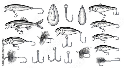 Fishing Lures and Hooks Collection - Vintage Sketch Style