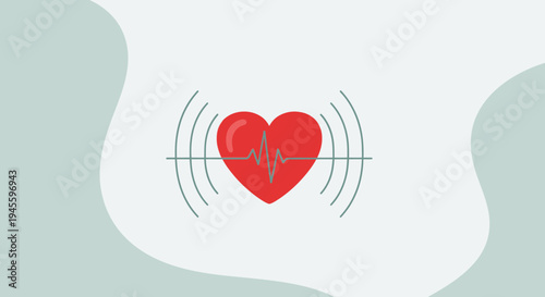 Red Heart with EKG Line and Sound Waves - Health and Cardiology Concept