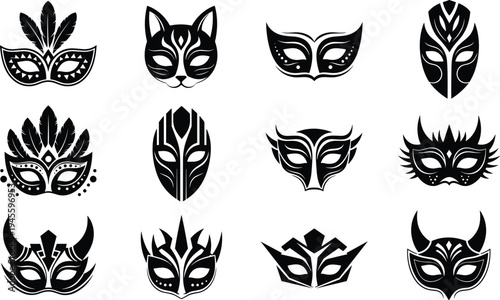 Black and white illustration of twelve stylized masquerade masks with feathers, animal features, geometric patterns, and ornamental details, symbolizing costume design, fantasy, and artwork projects