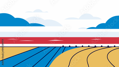 A colorful illustration of a rural landscape with fields and clouds