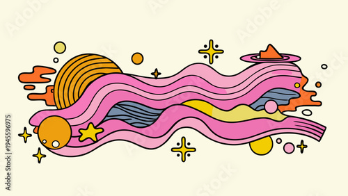 Vibrant abstract illustration of colorful planets stars and wavy lines in space