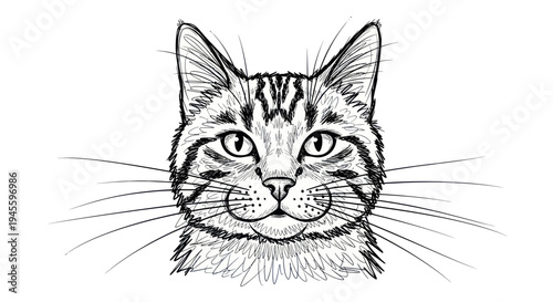 Hand-drawn sketch of a tabby cat's face with detailed whiskers and striped fur