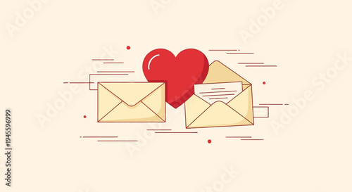 Red Heart with Envelopes and Messages, Romance and Communication Concept