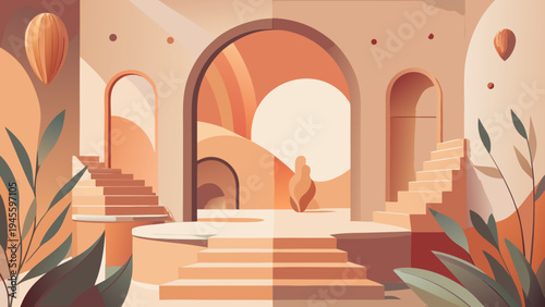 A stylized illustration of an architectural structure with archways and staircases in a warm color palette surrounded by plants and decorative elements