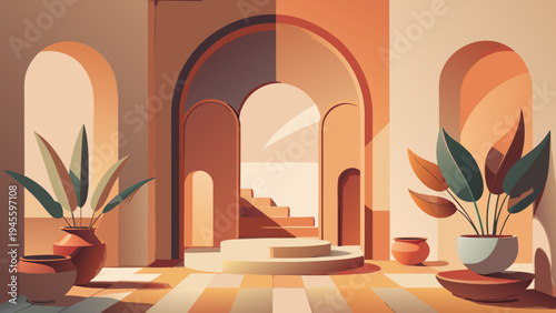 A serene interior courtyard with arches and potted plants in a warm earthy tone