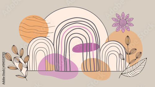 Abstract floral design with rainbow and leaves on beige background