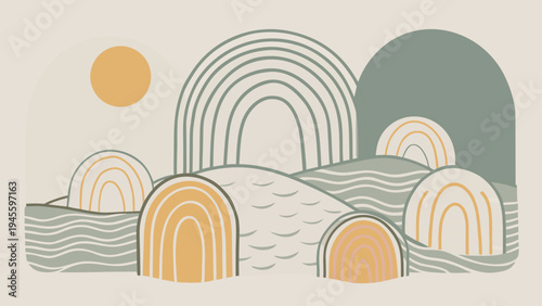 A serene landscape with abstract hills arches and a sun in muted green yellow and beige hues