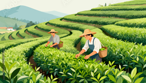 Two farmers harvest tea in lush green hills. They wear hats and work gently among rows of plants. Sunlight glows softly over the rolling landscape. The scene feels peaceful and productive
