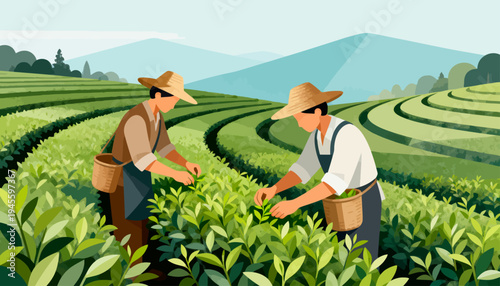 Two farmers harvest tea leaves in a sunlit field. They wear straw hats and carry woven baskets. Rows of green bushes stretch toward distant hills. Their focused expressions show care and tradition