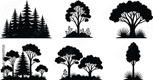 Black silhouette illustration collection of diverse trees and groupings with coniferous and deciduous foliage, symbolizing forest, landscape, environment, nature, and creative artwork project