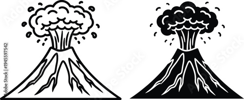 Volcanic eruptions in black and white illustrations