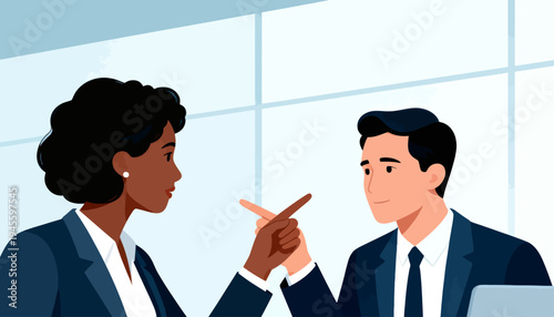 Two professionals engage in a focused conversation. The woman gestures with her finger, indicating a point. The man listens attentively, showing interest