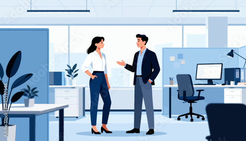 Two professionals converse in a modern office. One gestures, the other listens attentively. Clean lines and soft lighting define the space. Minimalist furniture and plants add calm ambiance