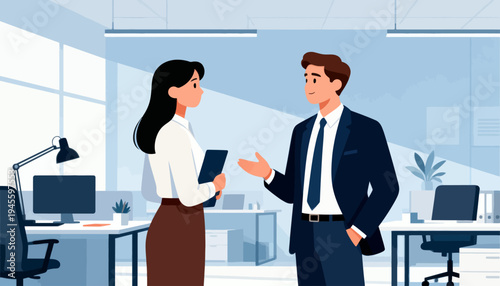 Business professionals converse in a modern office setting. One holds a tablet while gesturing with open hands. The other listens attentively, standing with confident posture