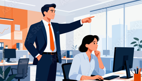 Man gestures toward woman at desk in modern office. Woman sits thoughtfully, eyes fixed on monitor screen. Bright windows frame open-plan workspace with green plants