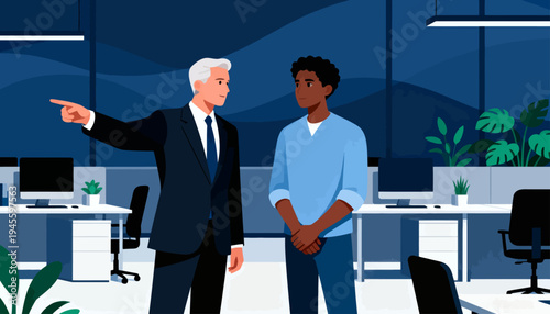 Two men converse in a modern office setting. One gestures while speaking, the other listens attentively. Bright blue tones highlight the sleek workspace